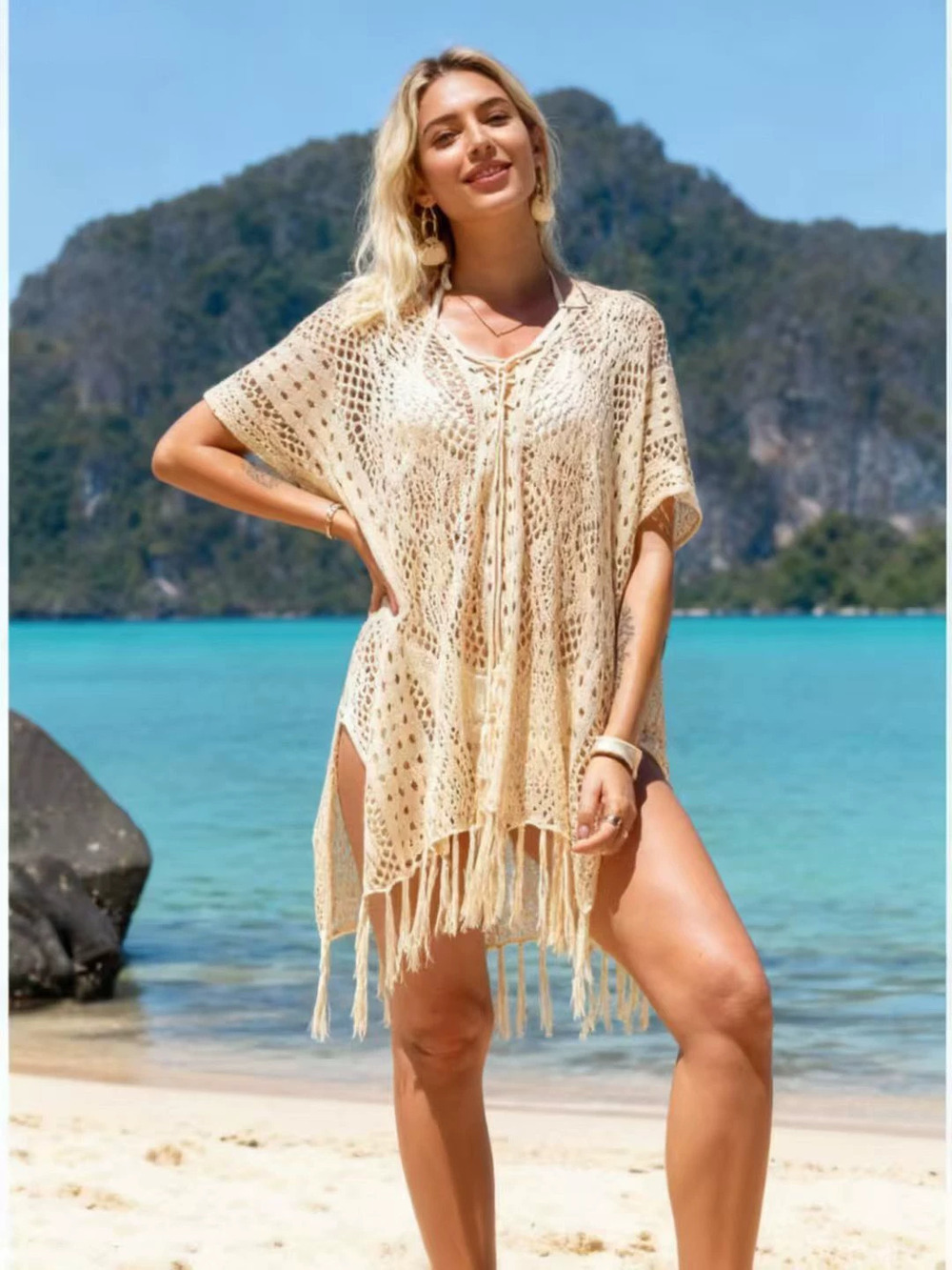 Zara Casual Beach Swimsuit Cover Up Tassel Knit Sun Protection